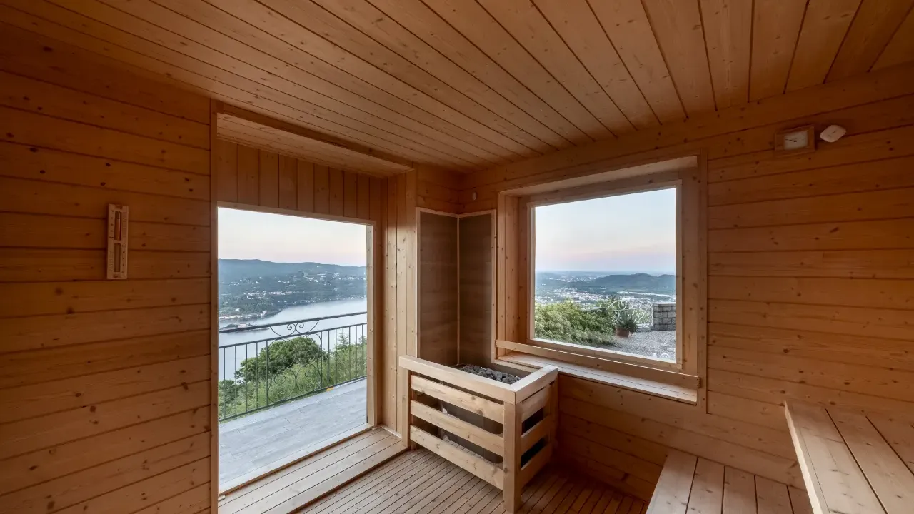 Sauna finlandese in legno della Kairos SPA, con finestra affacciata sul Lago d'Orta